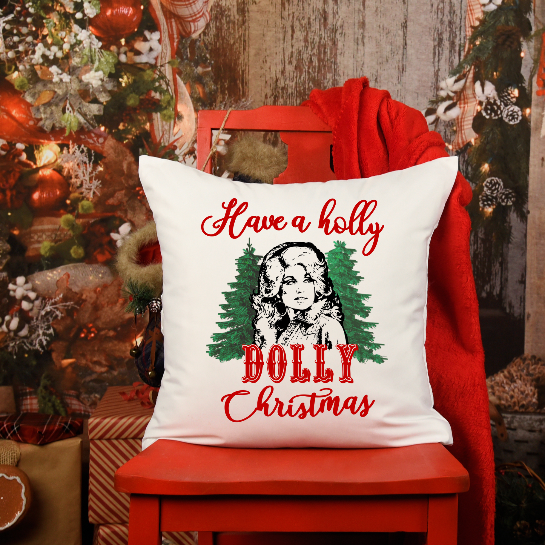 Holly Dolly Christmas Throw Pillow Cover